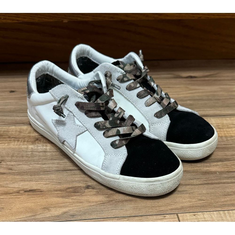 Women's Vintage Havana Black & White Sneakers Camo Laces Silver Star‎ Size 8